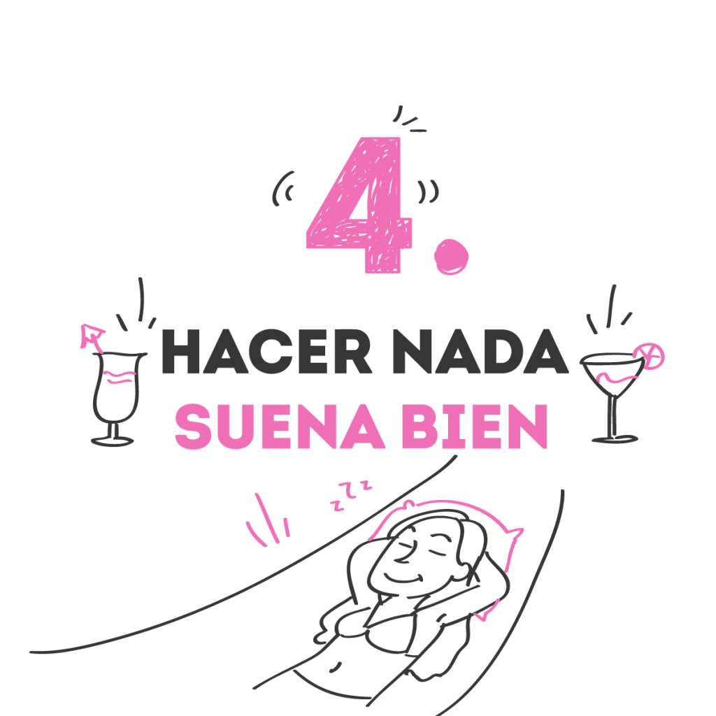 Mujer en bikini descansando en una hamaca, arriba dice: Hacer nada, suena bien