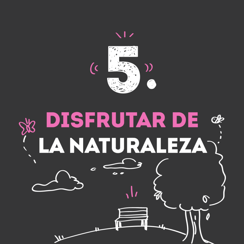 Parque con una banca y un árbol, arriba dice: Disfrutar de la naturaleza